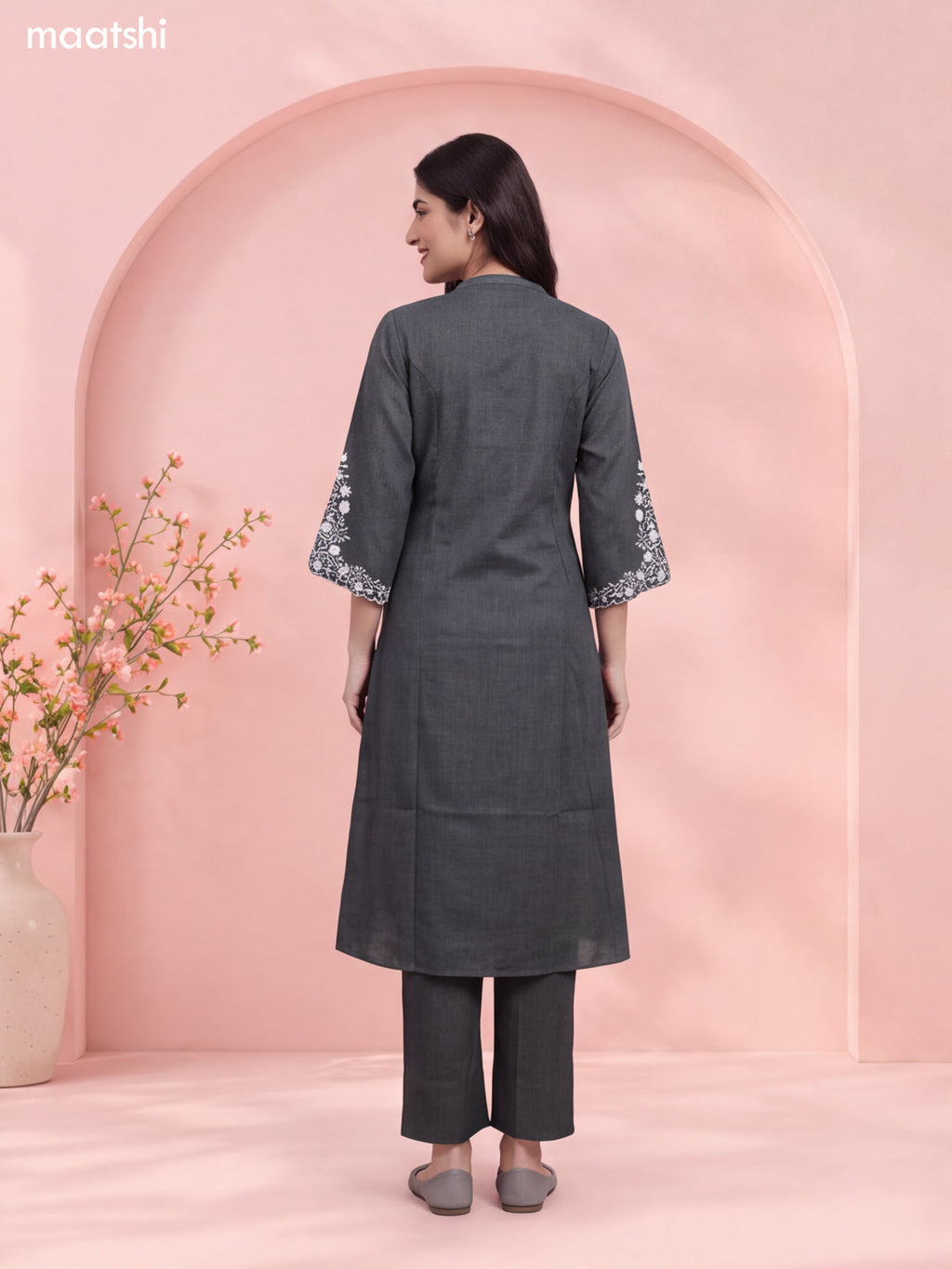 Greyish Green Art Tussar Embroidery Work Long A-Line Kurti Set