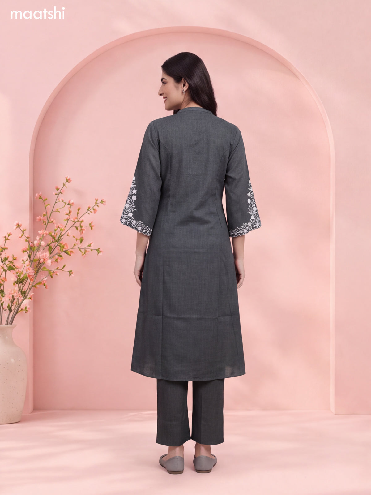 Greyish Green Art Tussar Embroidery Work Long A-Line Kurti Set