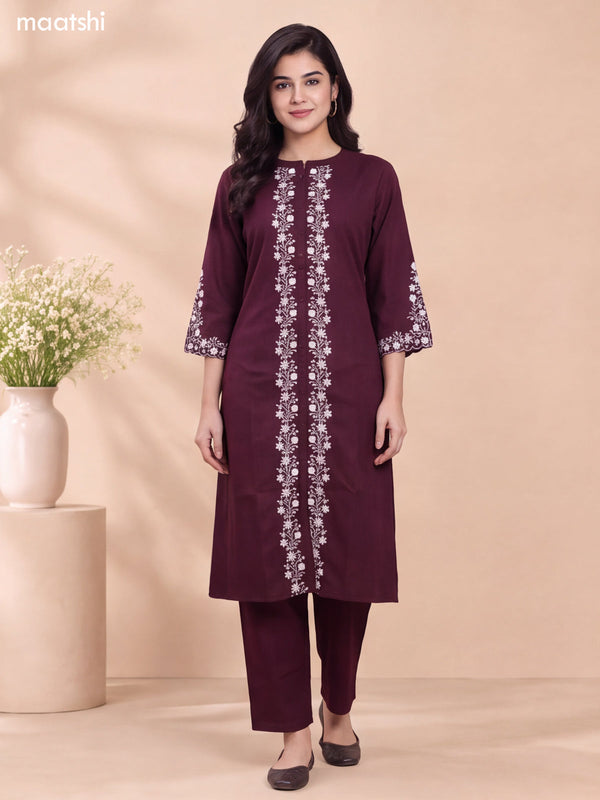 Deep Wine Shade Art Tussar Embroidery Work Long A-Line Kurti Set