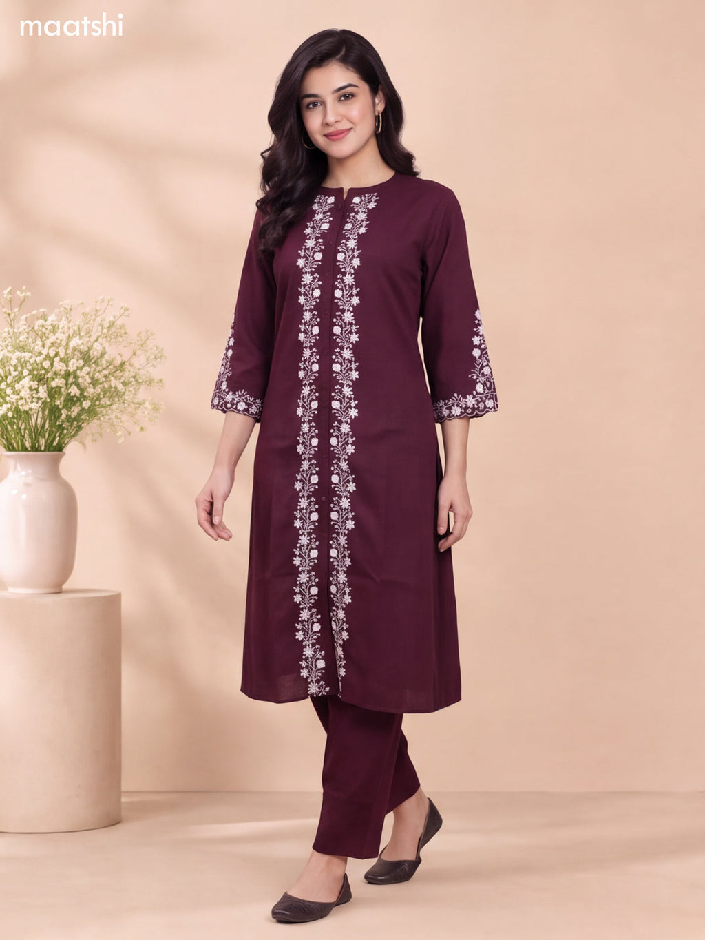 Deep Wine Shade Art Tussar Embroidery Work Long A-Line Kurti Set