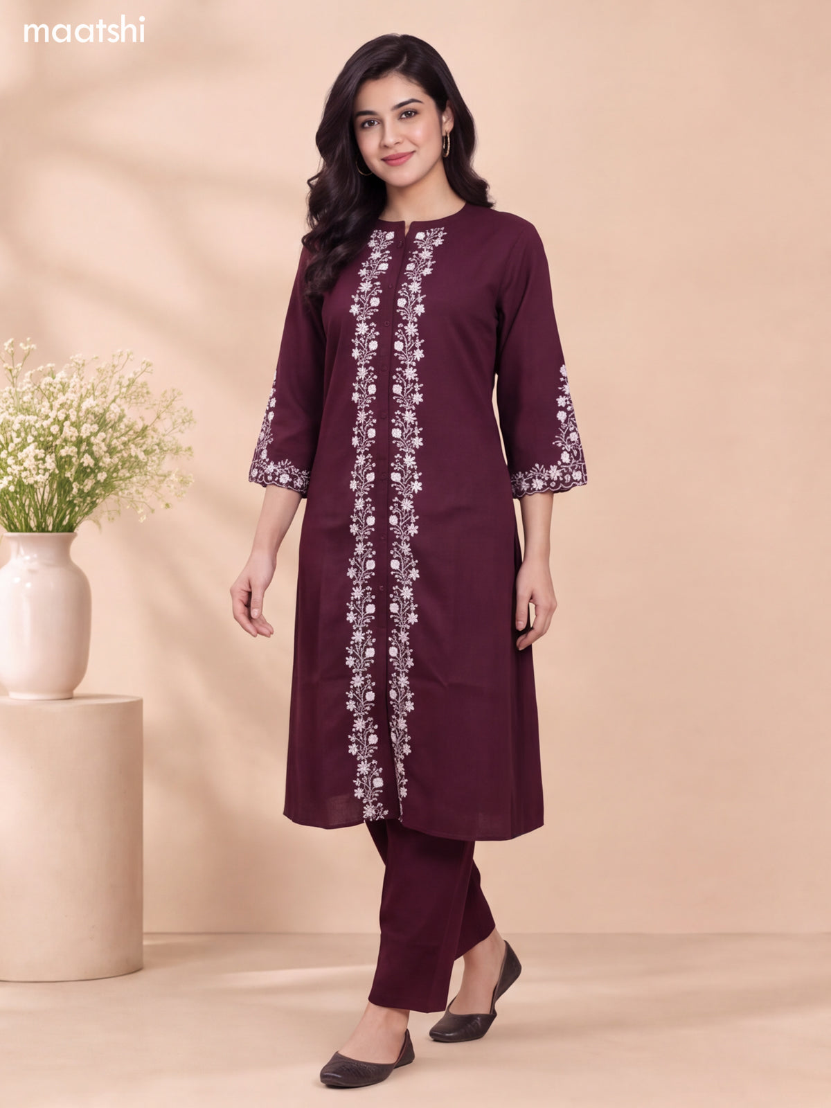 Deep Wine Shade Art Tussar Embroidery Work Long A-Line Kurti Set