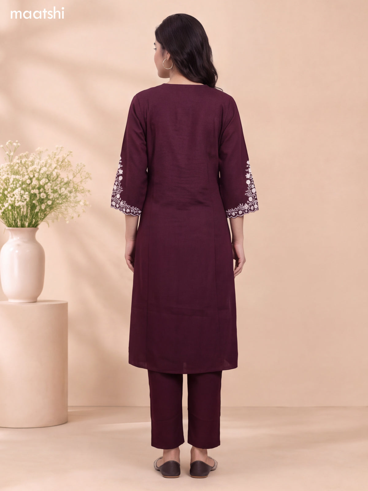 Deep Wine Shade Art Tussar Embroidery Work Long A-Line Kurti Set