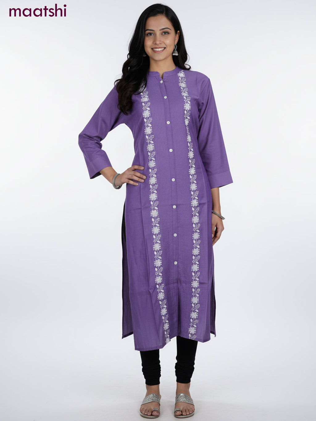 Violet Shade Viscose Rayon Embroidery Work Straight Kurti