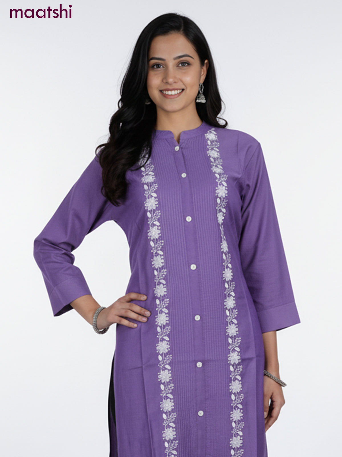 Violet Shade Viscose Rayon Embroidery Work Straight Kurti