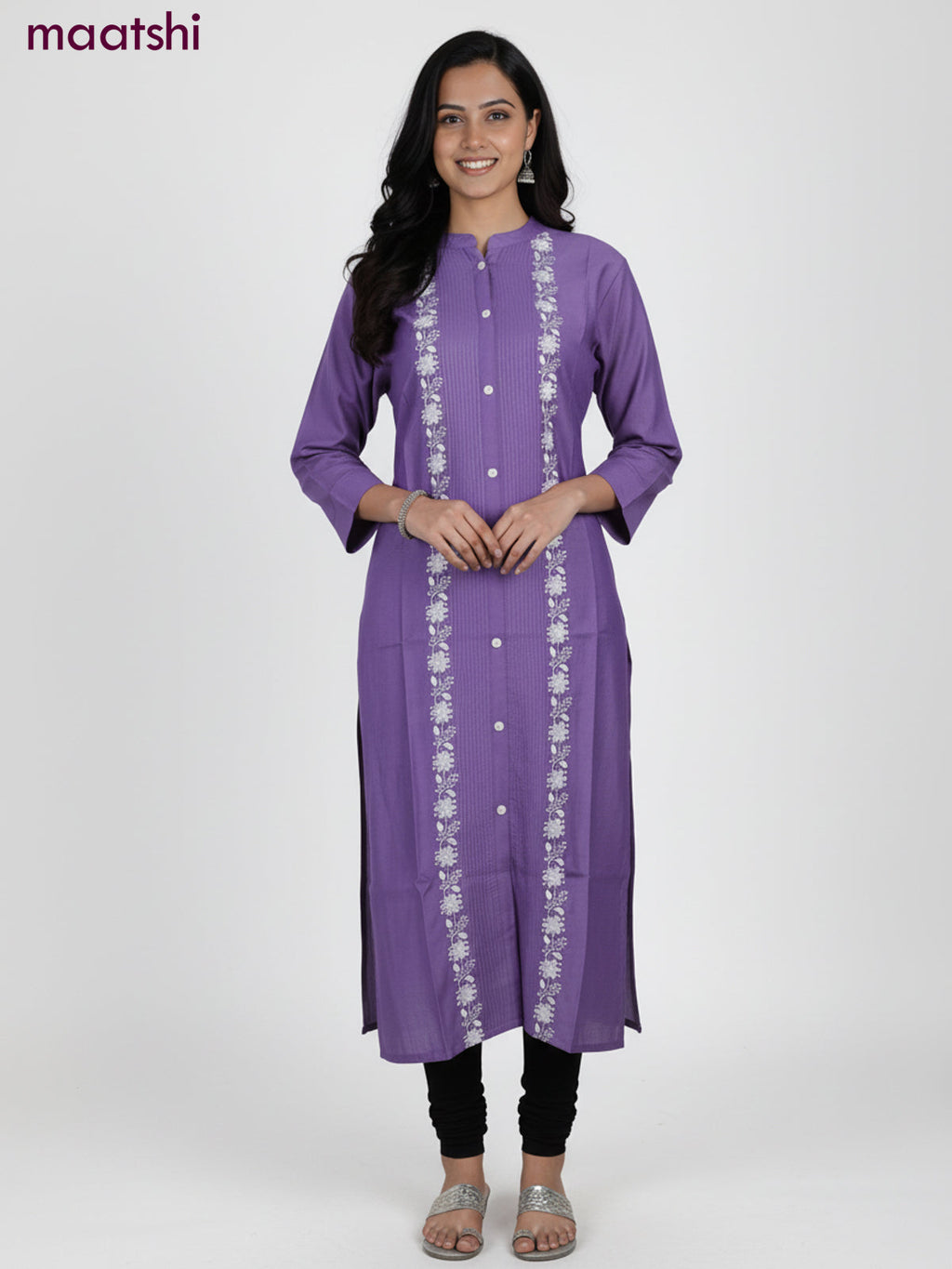 Violet Shade Viscose Rayon Embroidery Work Straight Kurti