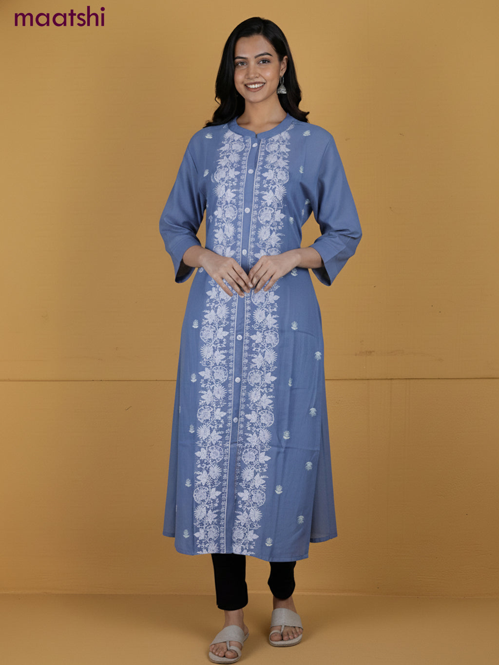 Pastel Blue Viscose Rayon Embroidery Work A-Line Kurti