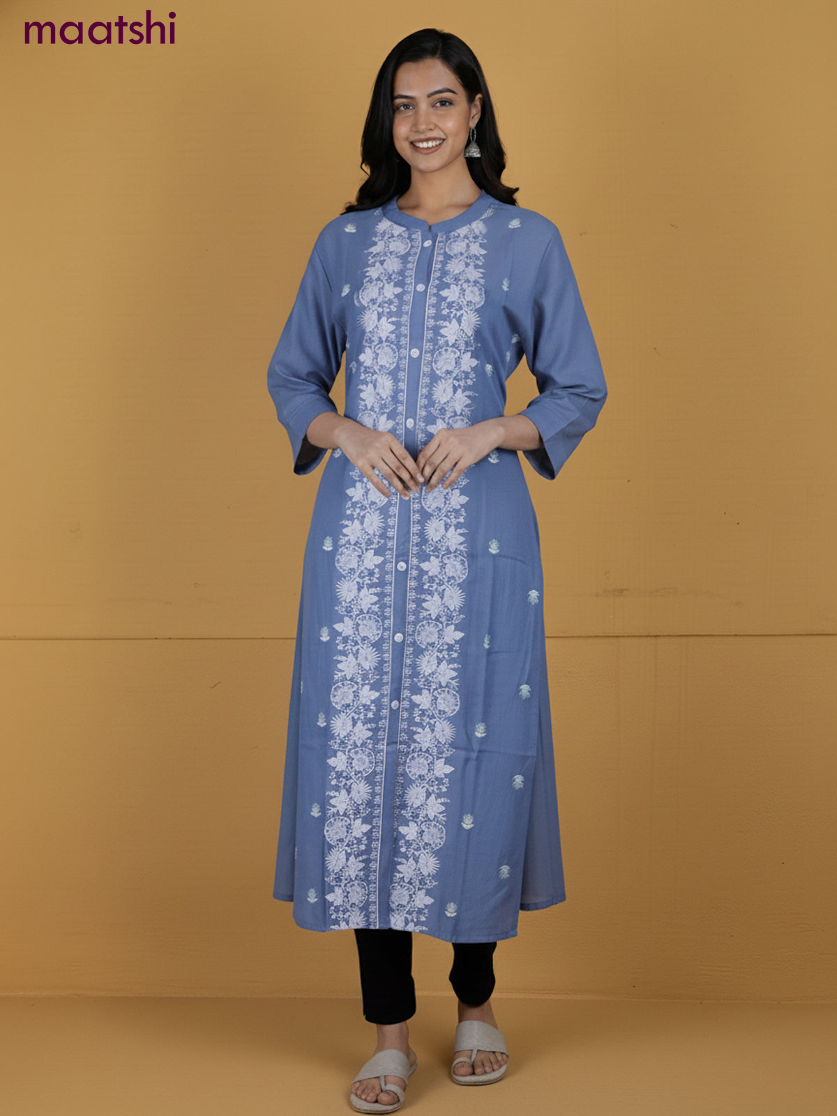 Pastel Blue Viscose Rayon Embroidery Work A-Line Kurti