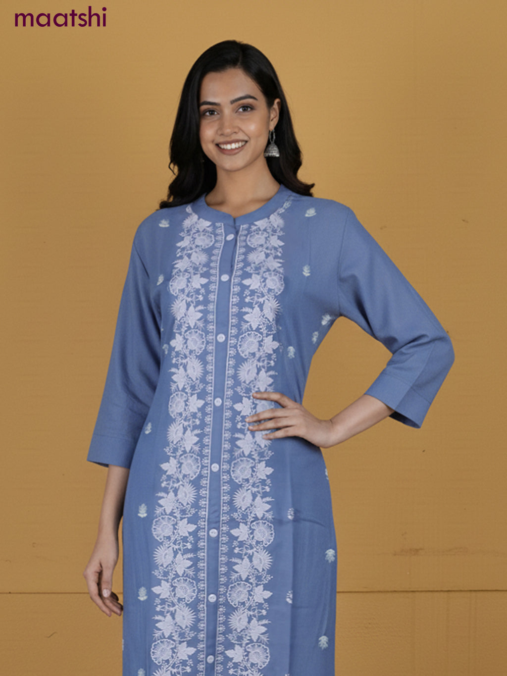 Pastel Blue Viscose Rayon Embroidery Work A-Line Kurti
