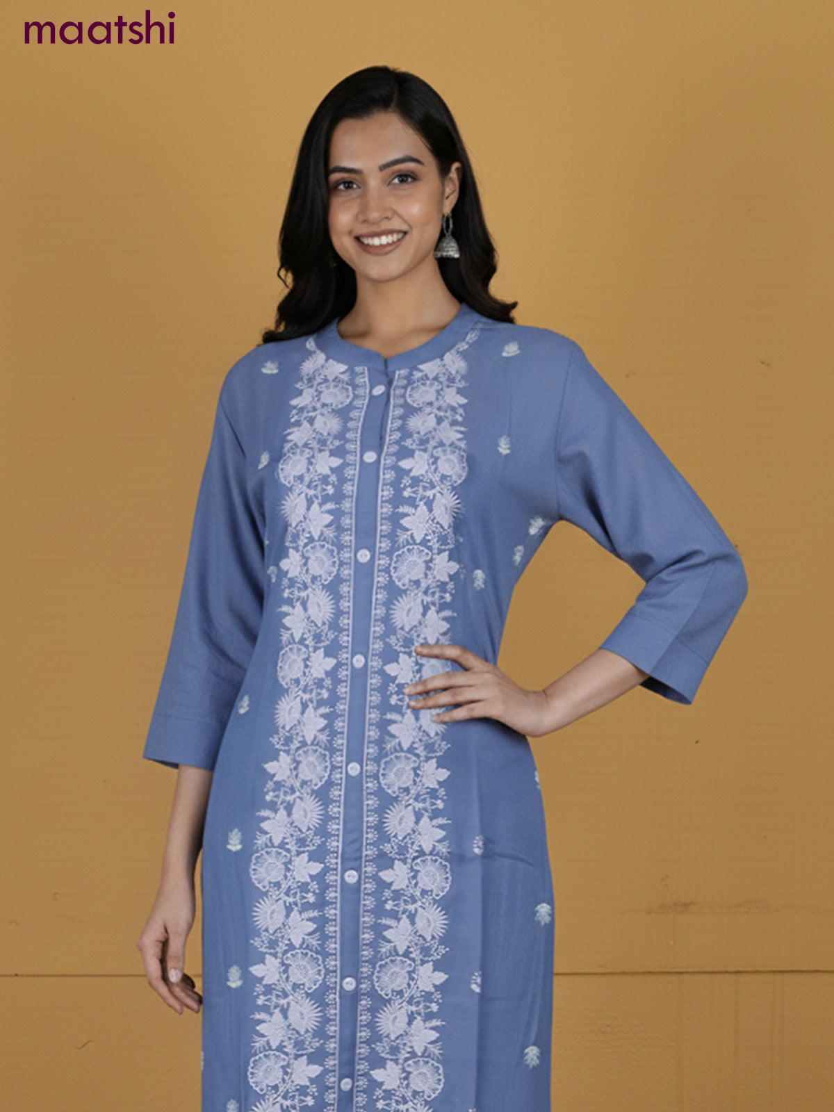 Pastel Blue Viscose Rayon Embroidery Work A-Line Kurti