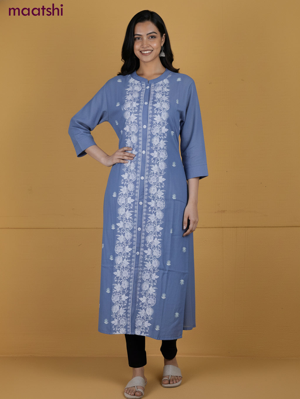 Pastel Blue Viscose Rayon Embroidery Work A-Line Kurti