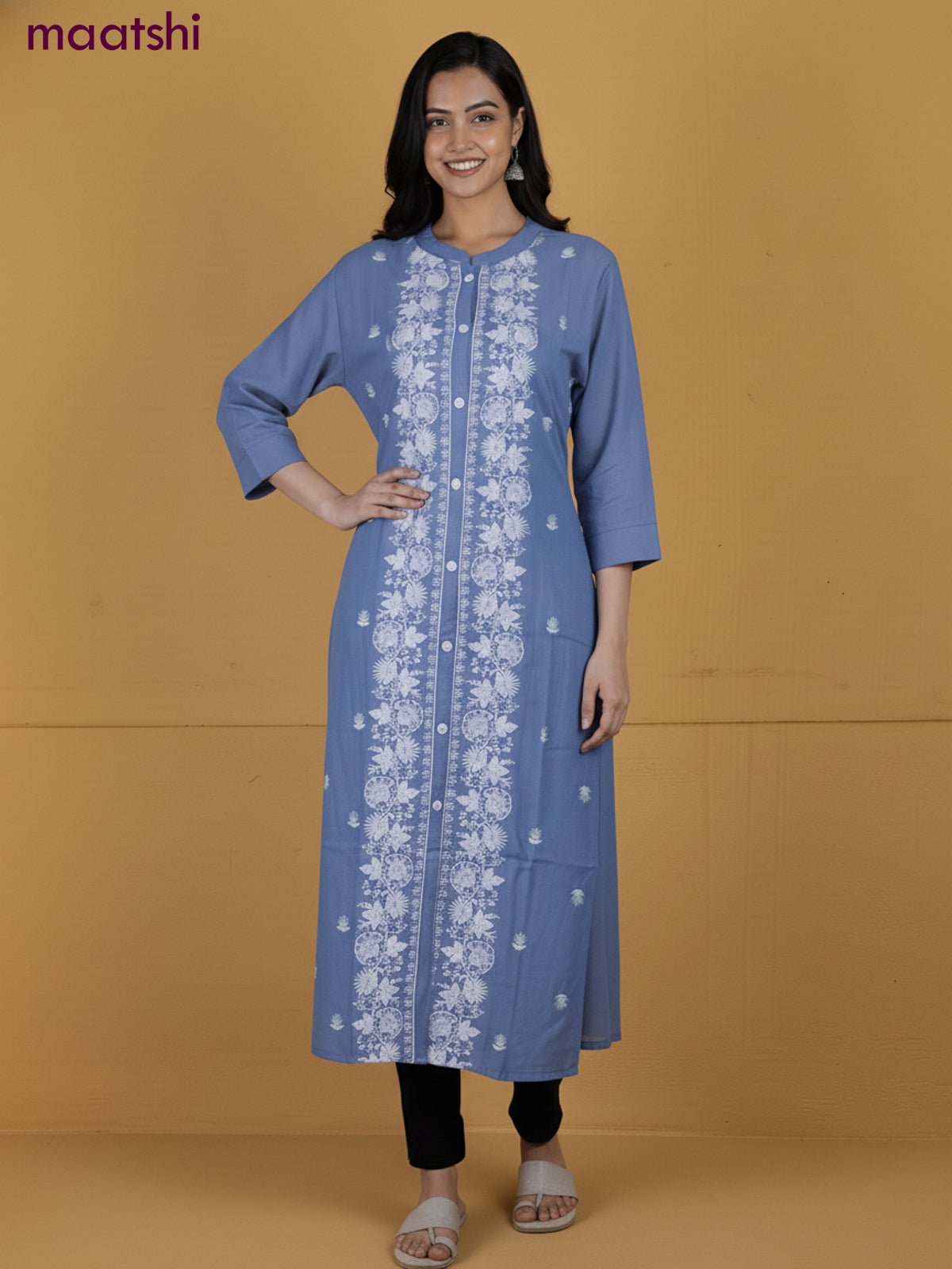 Pastel Blue Viscose Rayon Embroidery Work A-Line Kurti