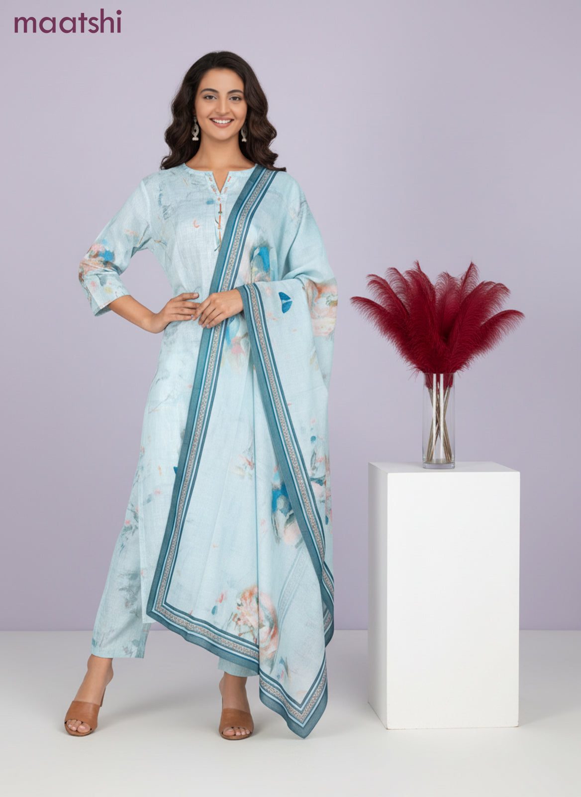Cotton salwar suit teal blue shade with floral prints & mirror work and palazzo pant & dupatta