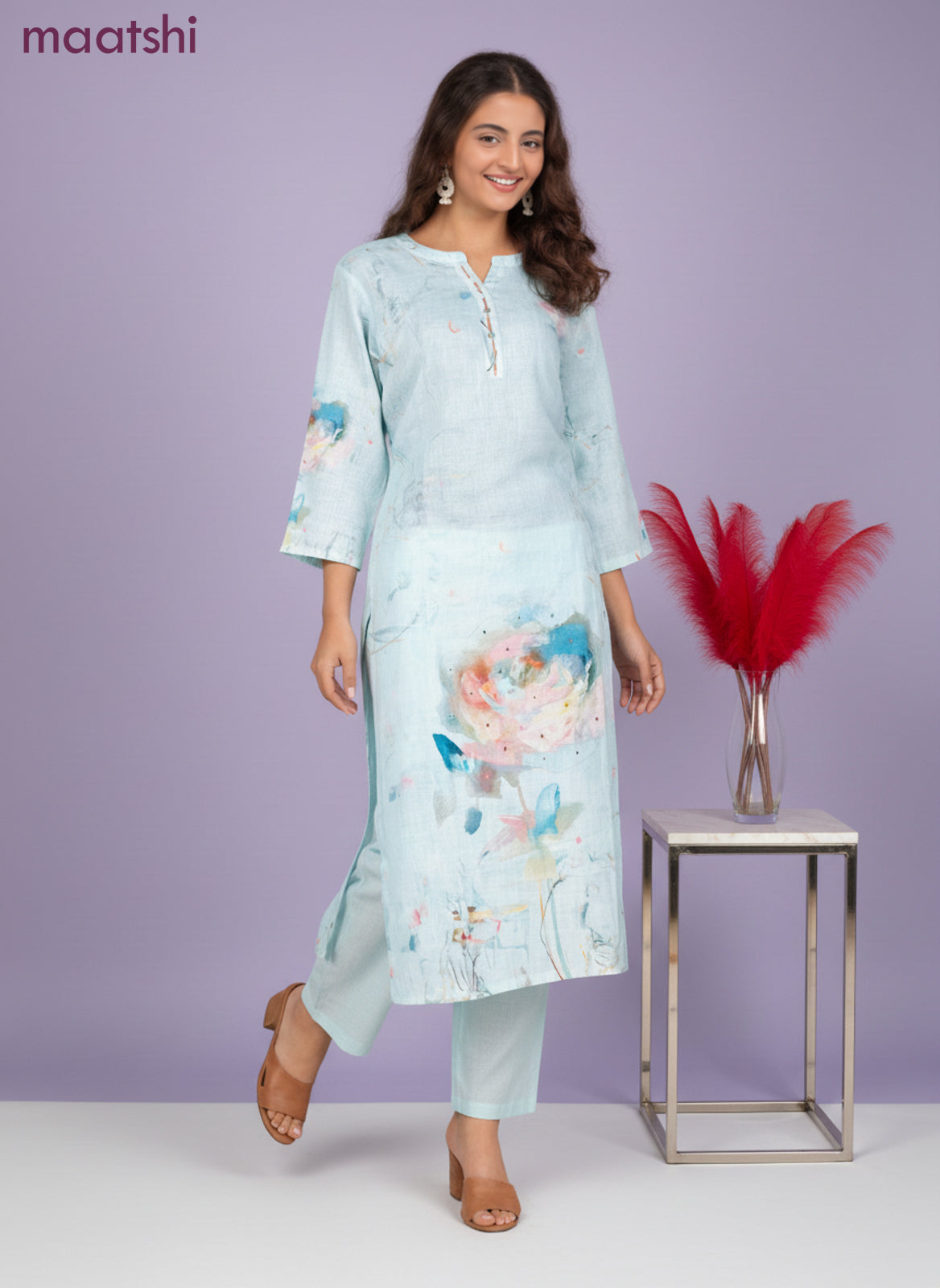 Cotton salwar suit teal blue shade with floral prints & mirror work and palazzo pant & dupatta