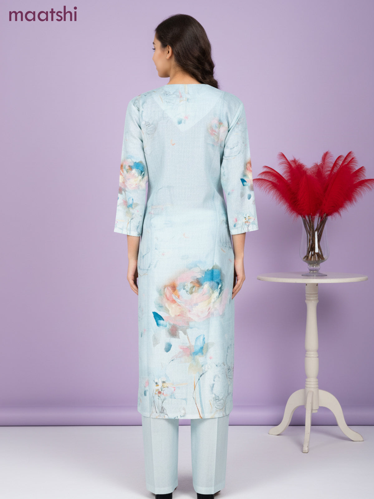 Cotton salwar suit teal blue shade with floral prints & mirror work and palazzo pant & dupatta