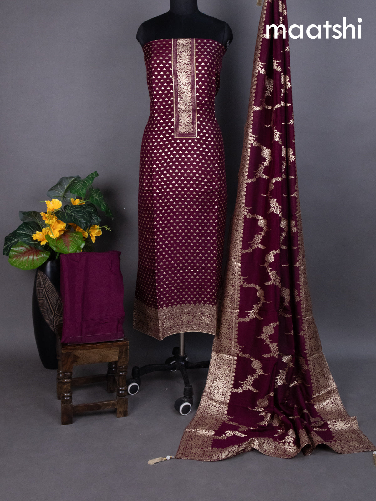 Maroon Banarasi Silk Dress Material With Zari Buttas Weaves