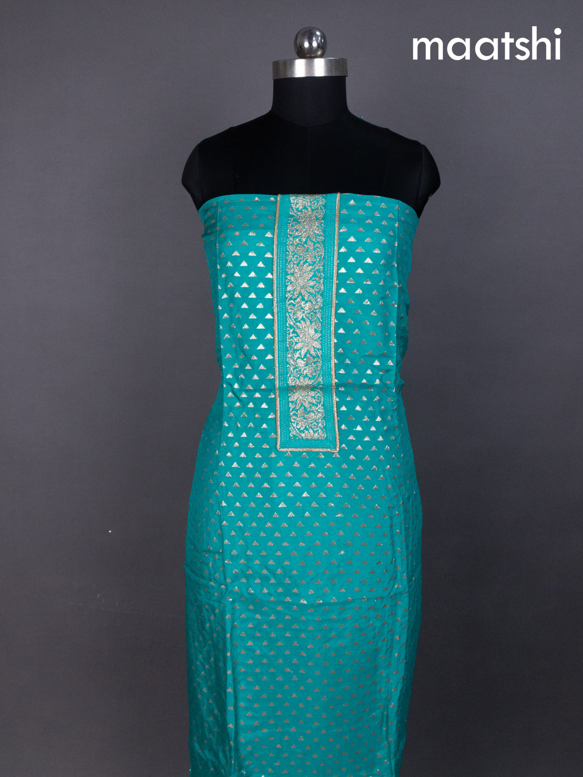 Teal Shade Banarasi Silk Dress Material With Zari Buttas Weaves