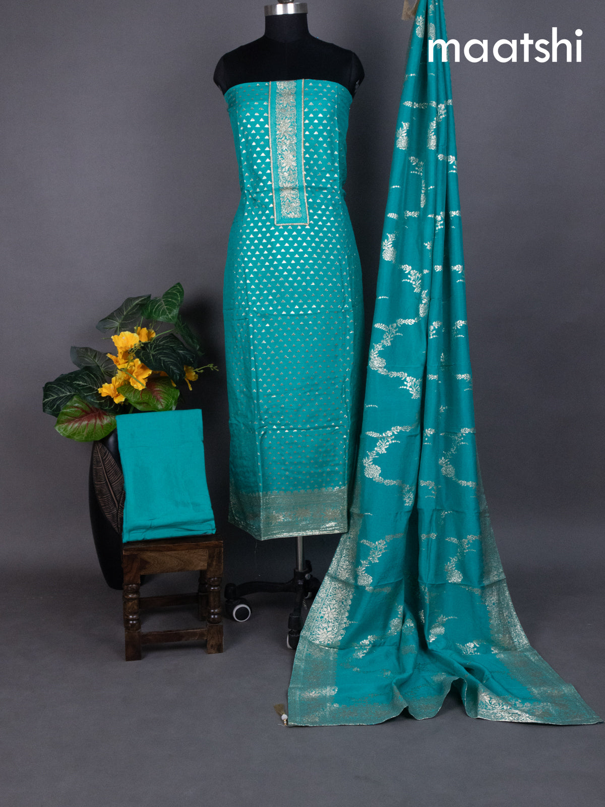 Teal Shade Banarasi Silk Dress Material With Zari Buttas Weaves