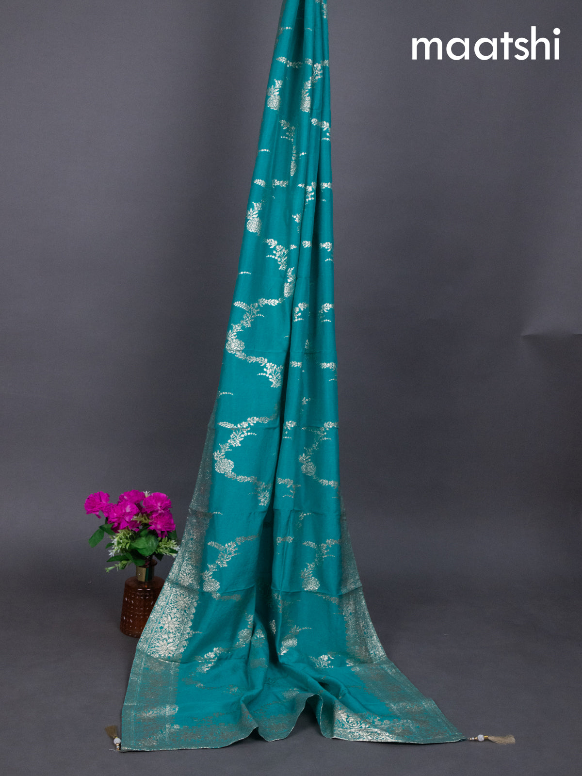 Teal Shade Banarasi Silk Dress Material With Zari Buttas Weaves