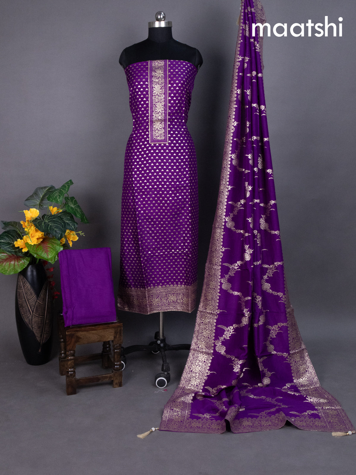 Purple Banarasi Silk Dress Material With Zari Buttas Weaves