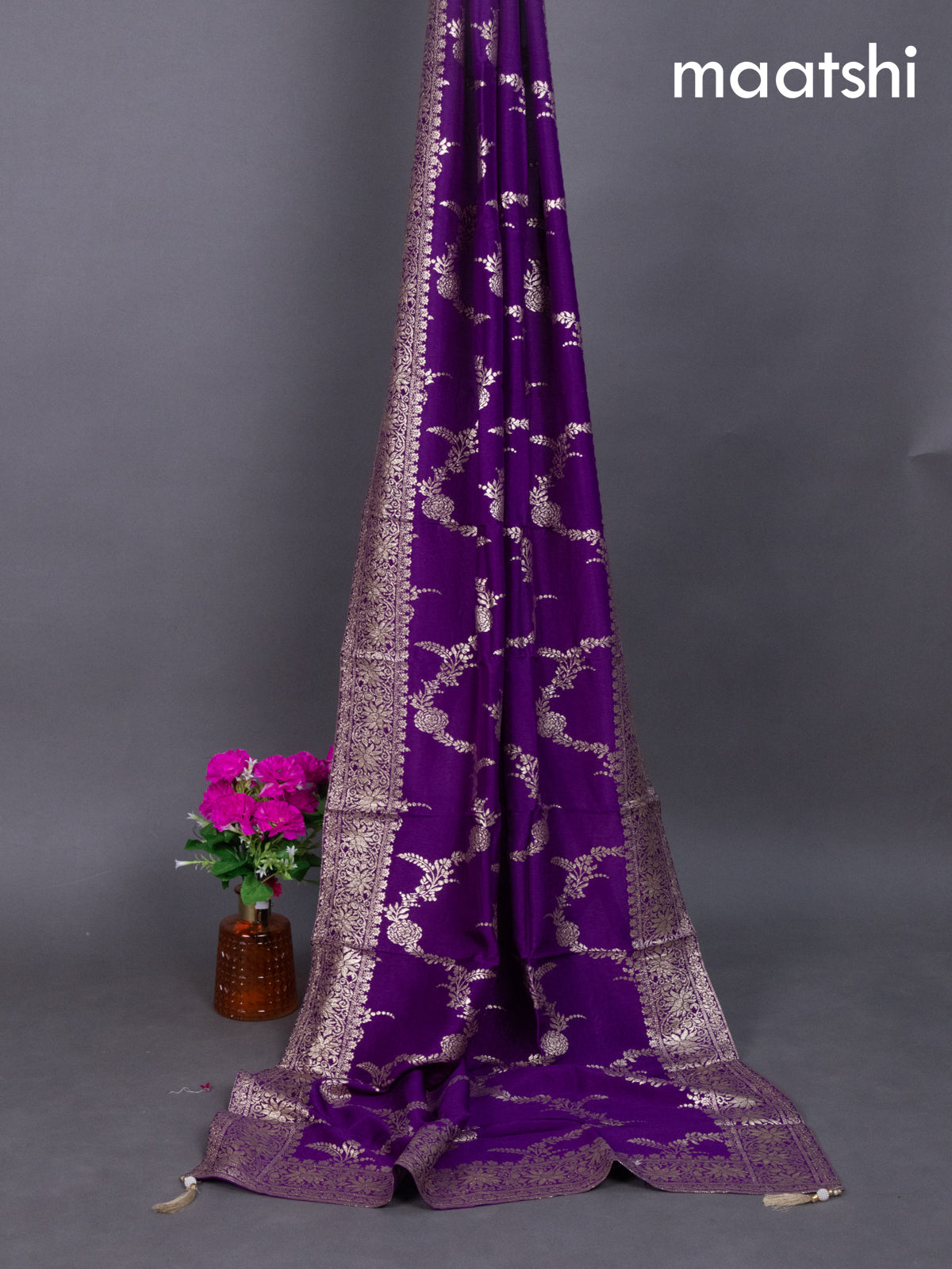 Purple Banarasi Silk Dress Material With Zari Buttas Weaves
