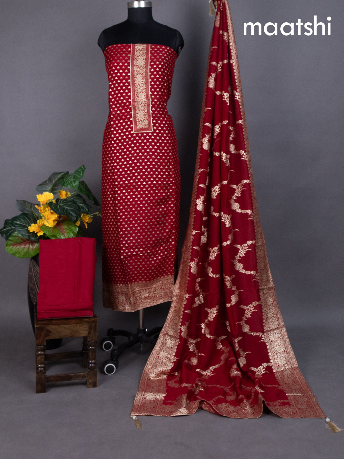 Maroon Banarasi Silk Dress Material With Zari Buttas Weaves