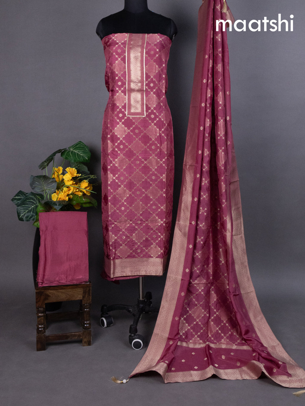 Mauve Pink Banarasi Silk Dress Material With Zari Weaves