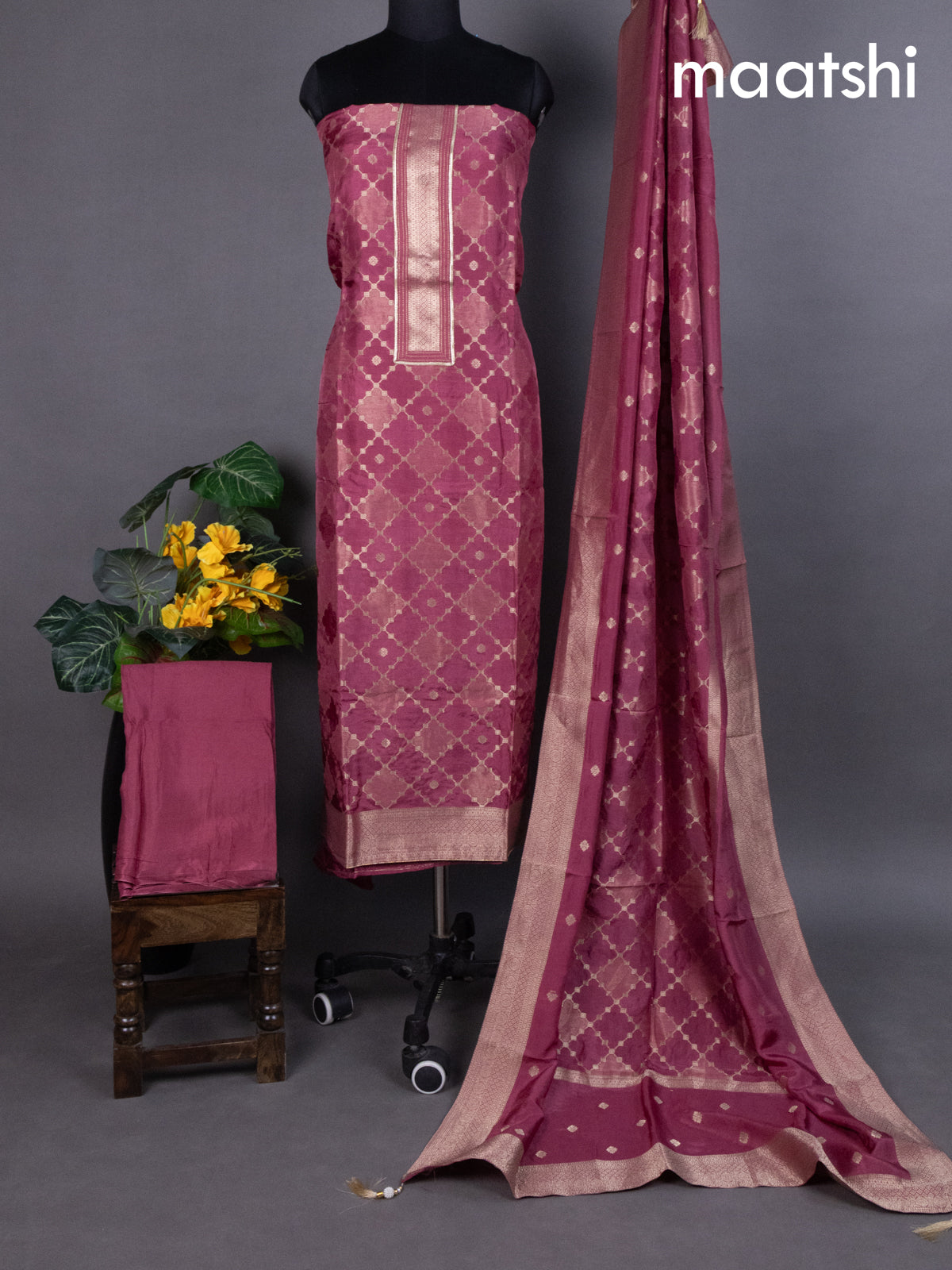 Mauve Pink Banarasi Silk Dress Material With Zari Weaves
