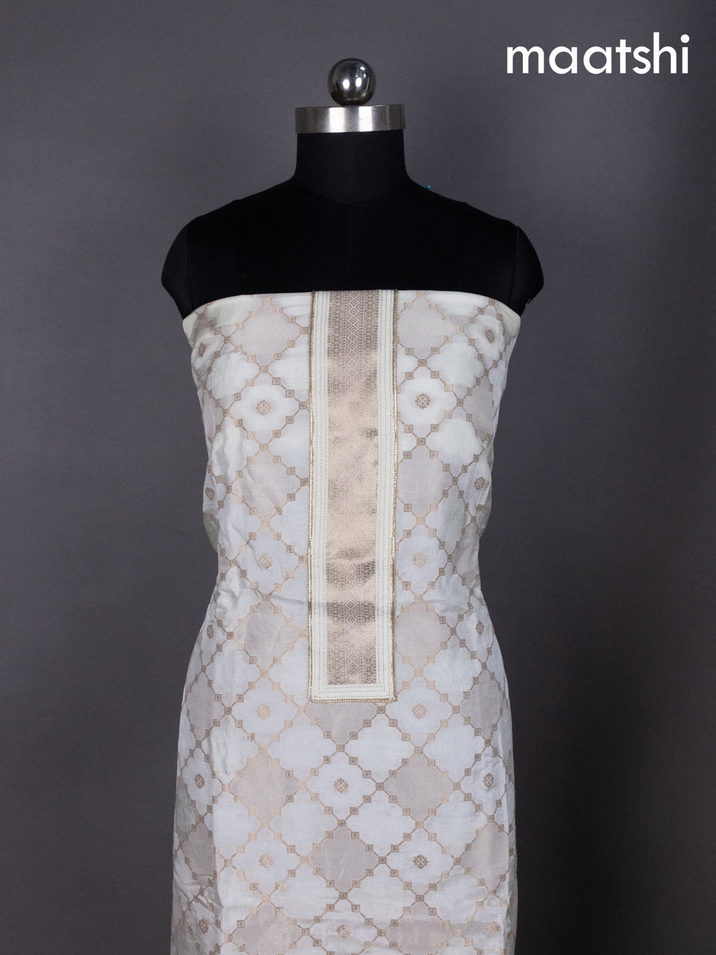 Cream Banarasi Silk Dress Material With Zari Weaves