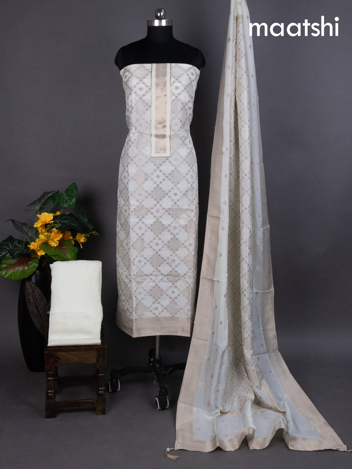 Cream Banarasi Silk Dress Material With Zari Weaves
