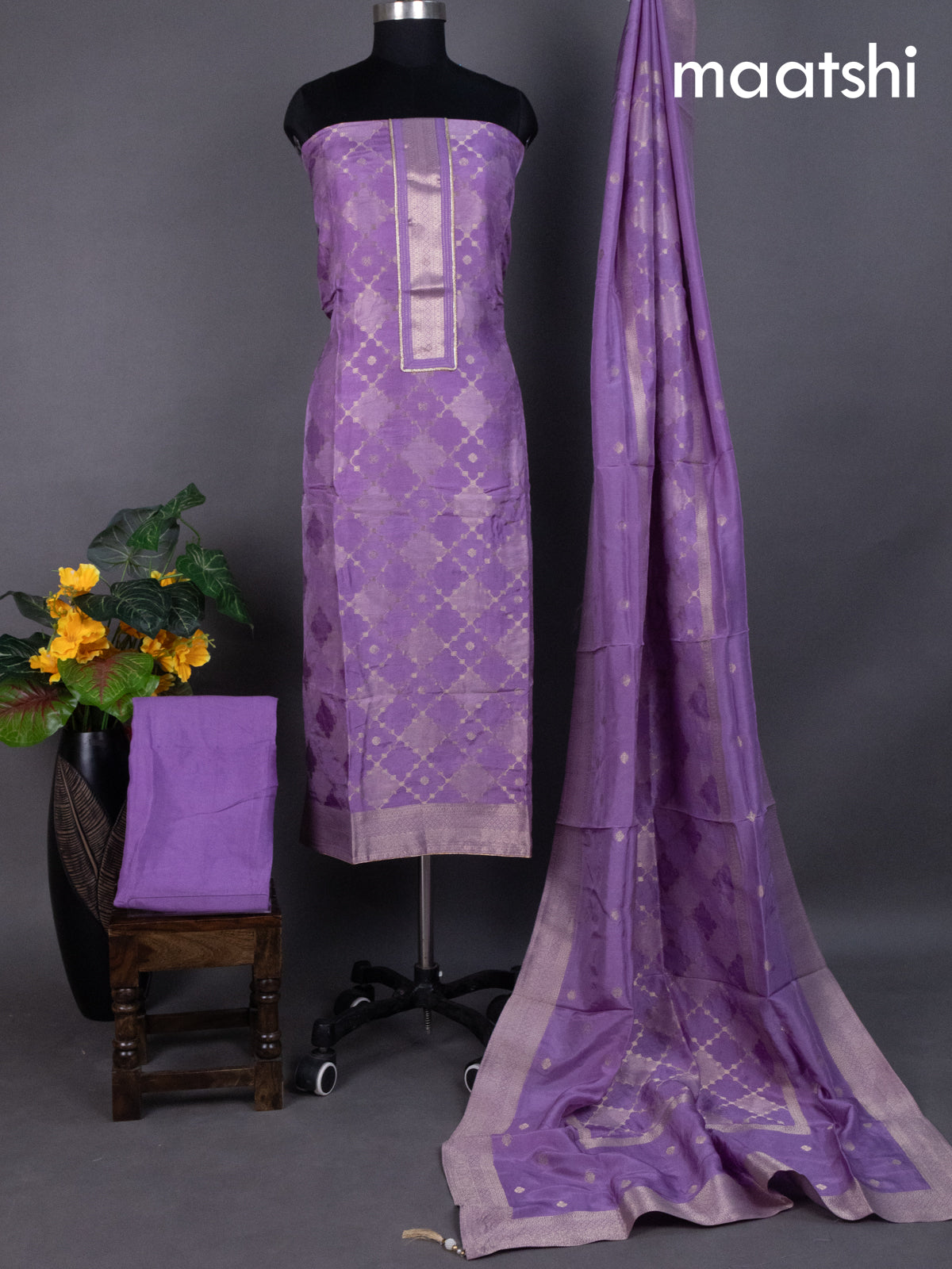 Lavender Banarasi Silk Dress Material With Zari Weaves