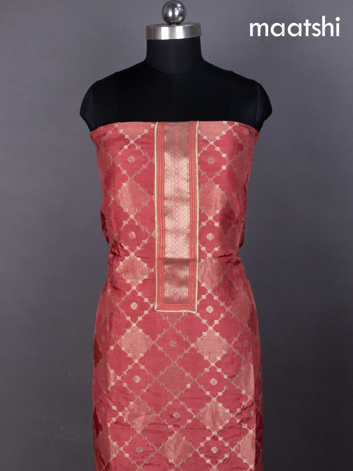 Dark Peach Banarasi Silk Dress Material With Zari Weaves