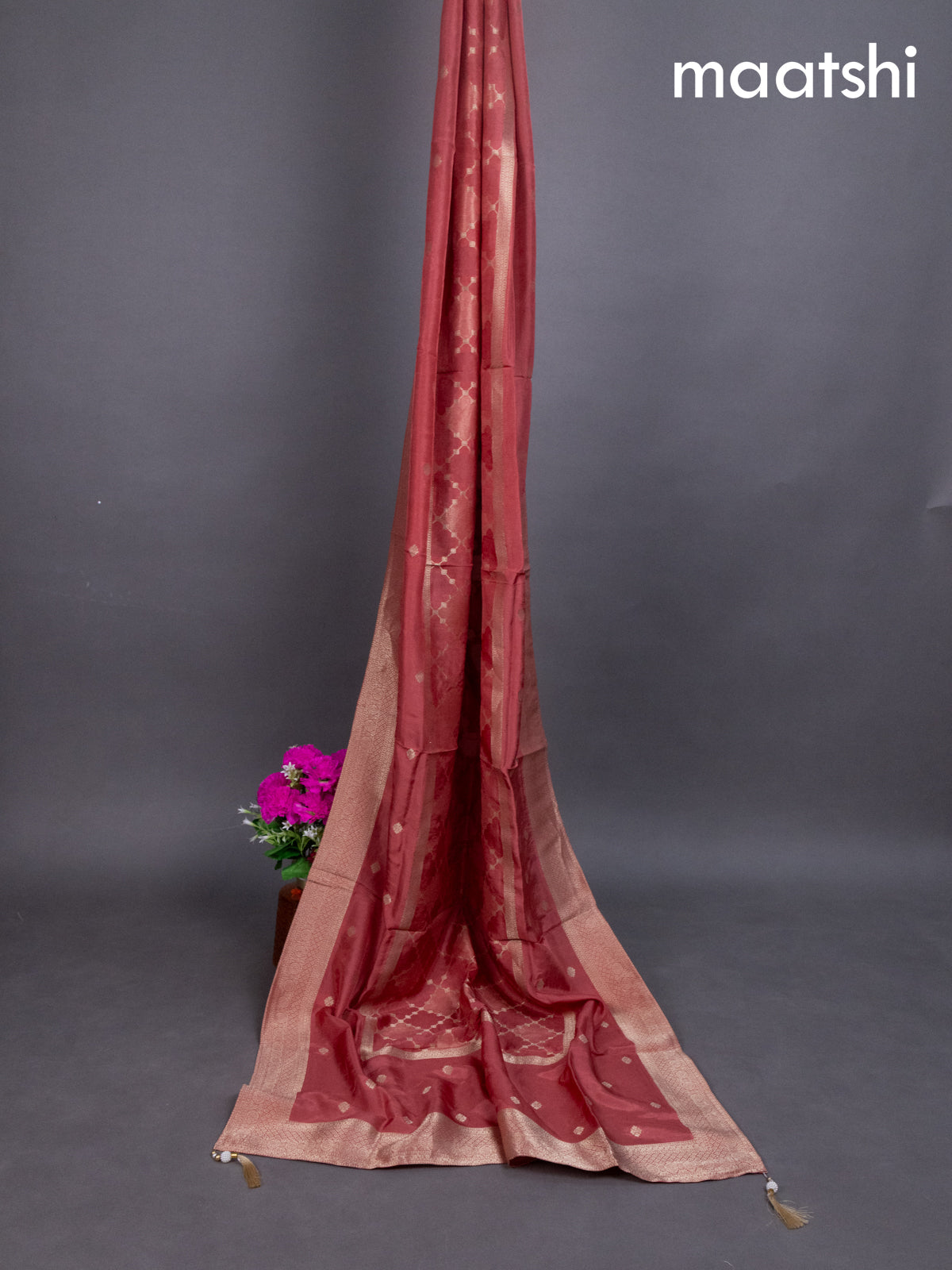 Dark Peach Banarasi Silk Dress Material With Zari Weaves