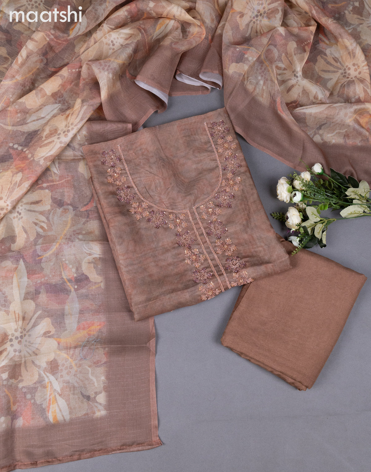 Brown Tissue Linen Dress Material With Zardosi Work