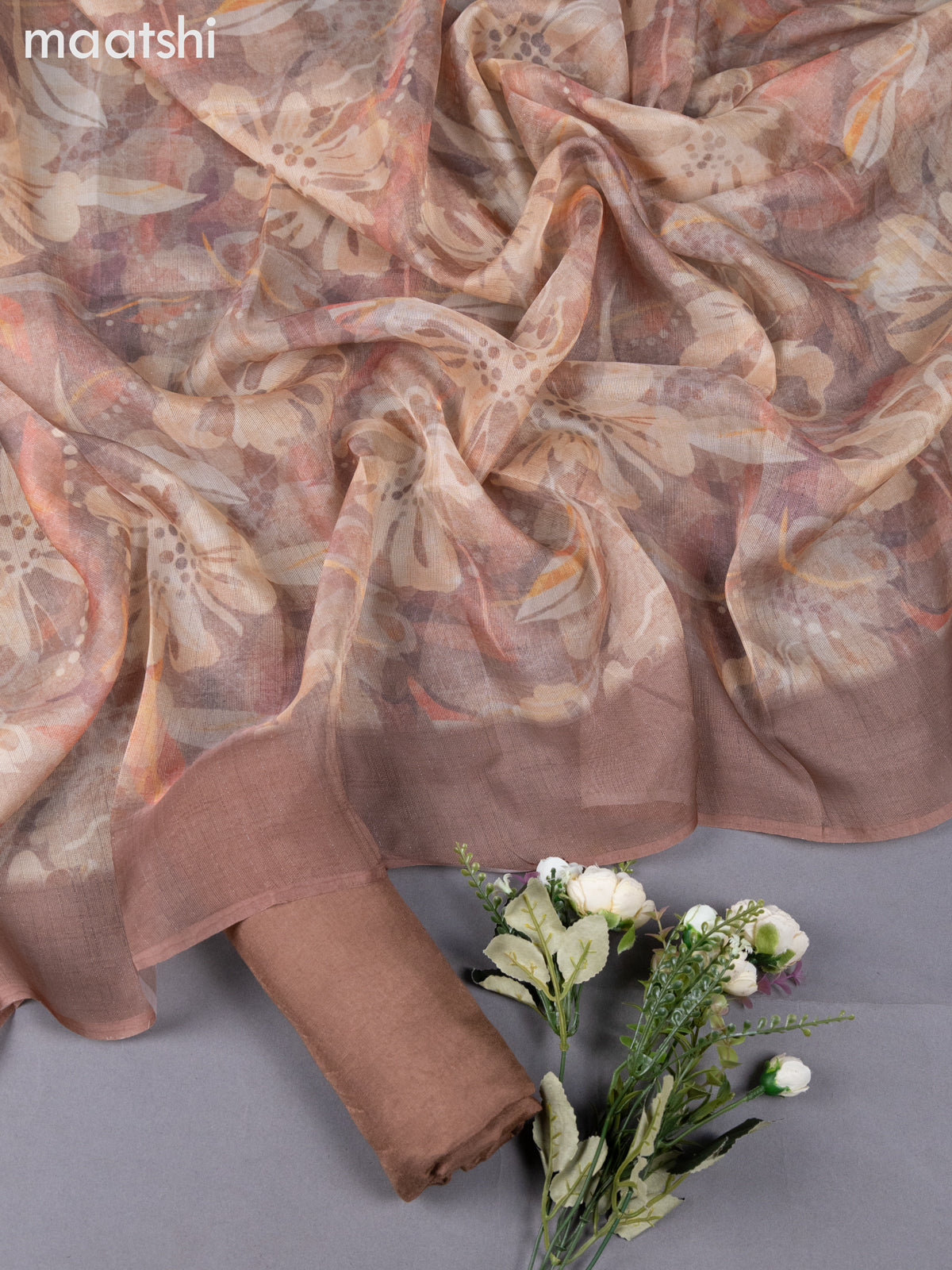 Brown Tissue Linen Dress Material With Zardosi Work