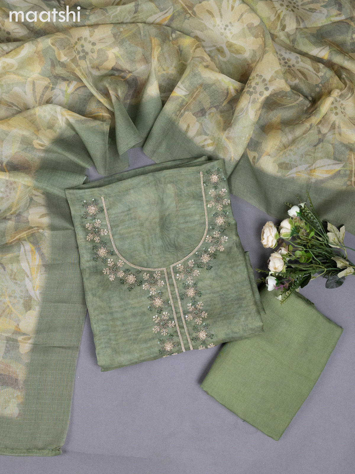 Green Tissue Linen Dress Material With Zardosi Work