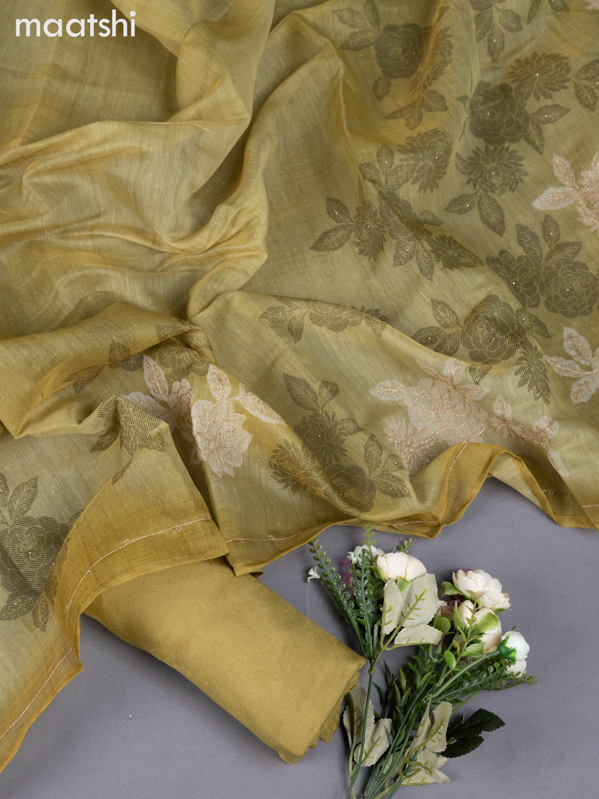 Mustard Green Tissue Linen Dress Material With Embroidery Work