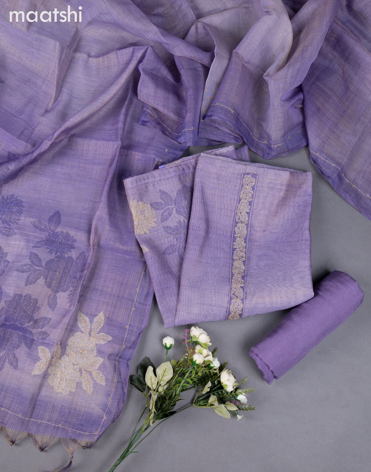 Lavender Tissue Linen Dress Material With Embroidery Work