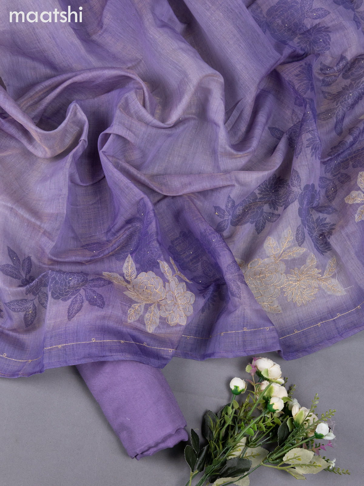 Lavender Tissue Linen Dress Material With Embroidery Work