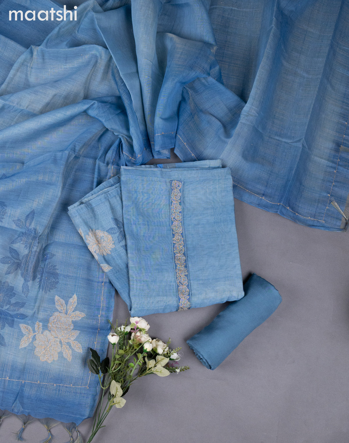 Blue Shade Tissue Linen Dress Material With Embroidery Work
