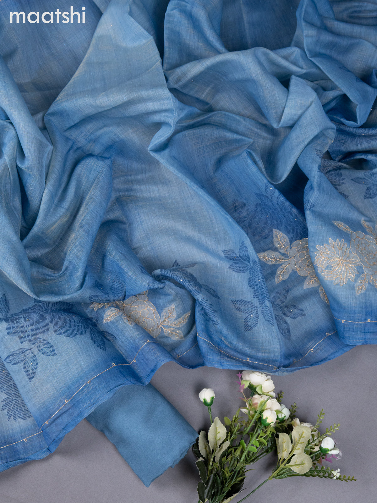 Blue Shade Tissue Linen Dress Material With Embroidery Work