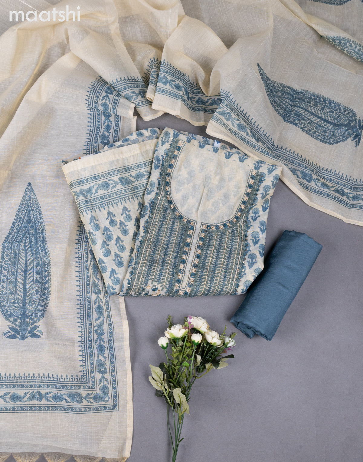 Cream and Brown Tissue Linen Dress Material With Prints & Kantha Stich Work