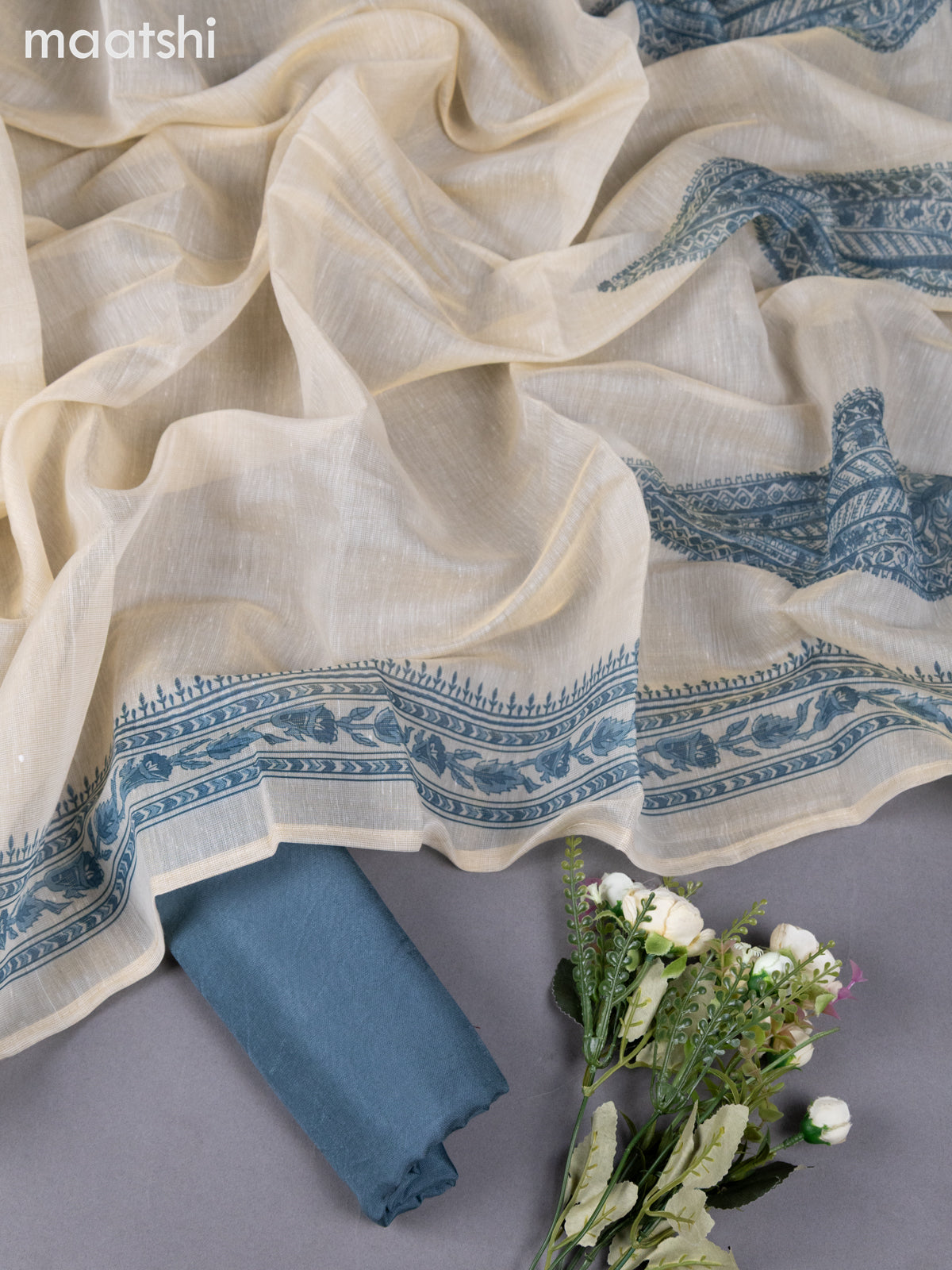 Cream and Brown Tissue Linen Dress Material With Prints & Kantha Stich Work