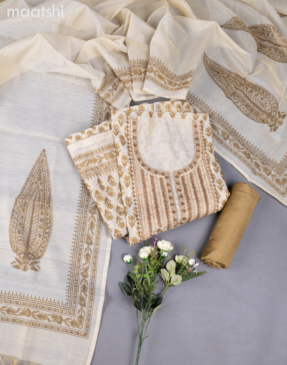 Cream and Mustard Shade Tissue Linen Dress Material With Prints & Kantha Stich Work