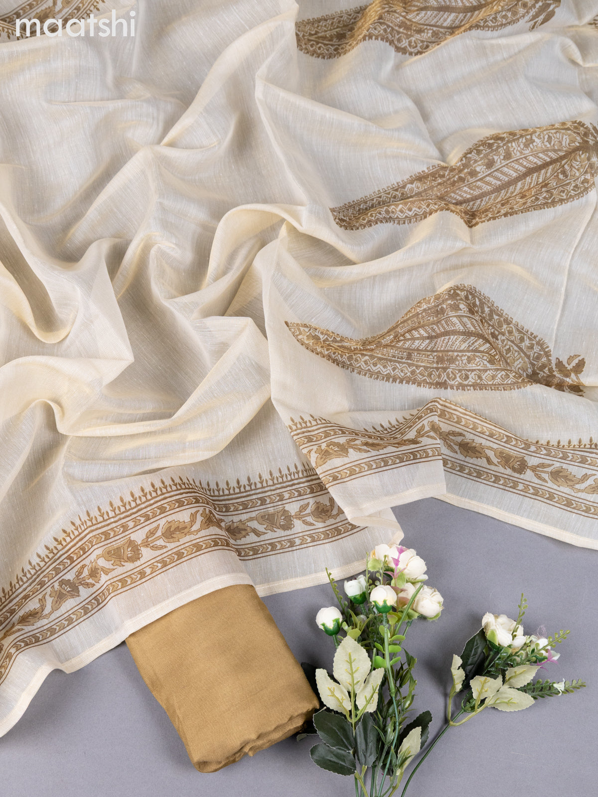 Cream and Mustard Shade Tissue Linen Dress Material With Prints & Kantha Stich Work