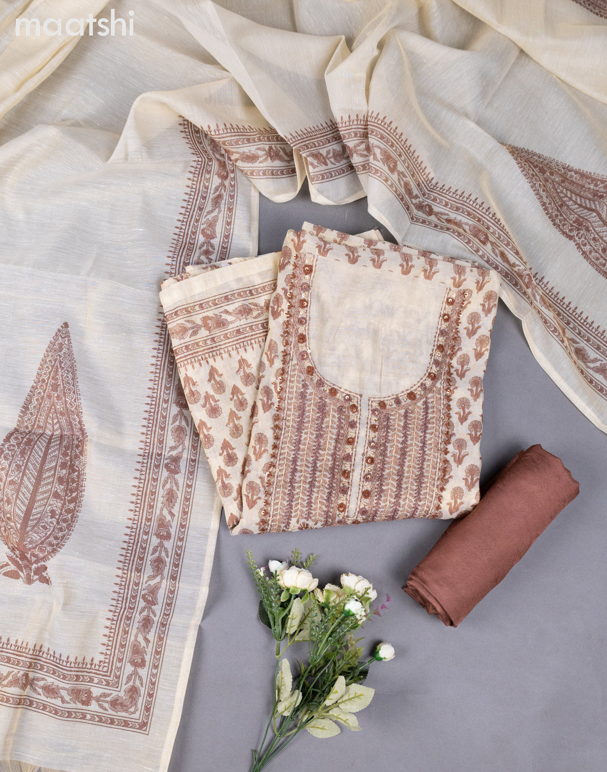 Cream and Pastel Blue Tissue Linen Dress Material With Prints & Kantha Stich Work