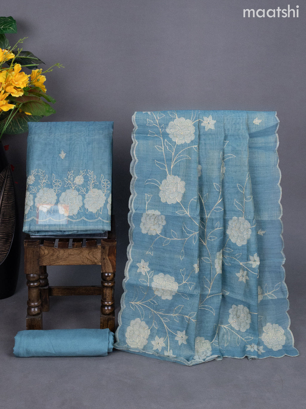 Pastel Blue Shade Tissue Linen Dress Material With Floral Pita Work
