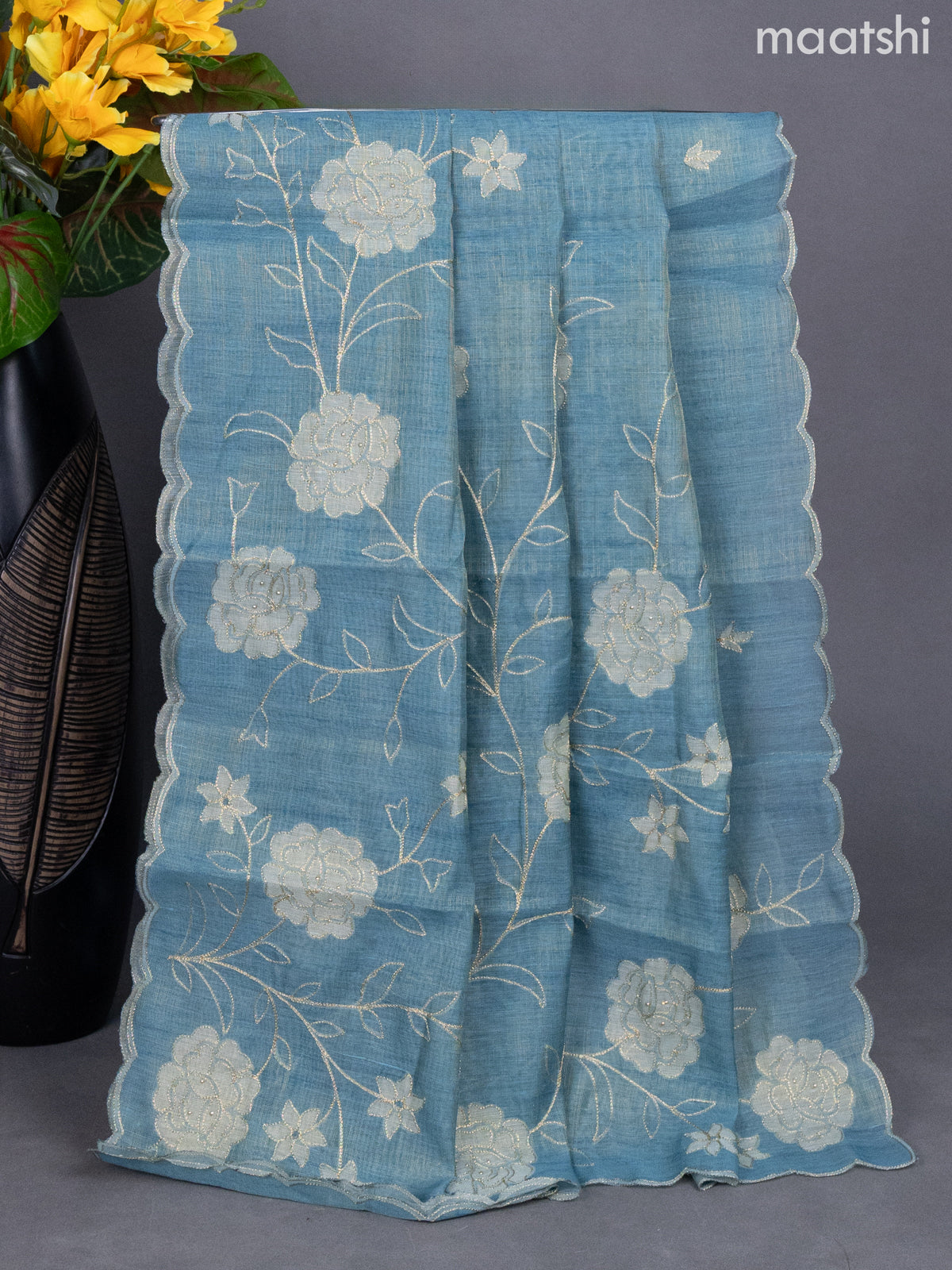 Pastel Blue Shade Tissue Linen Dress Material With Floral Pita Work