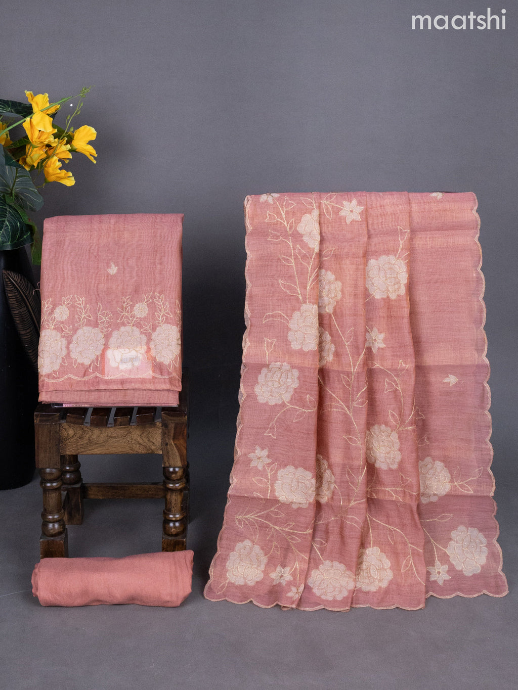 Dark Peach Tissue Linen Dress Material With Floral Pita Work