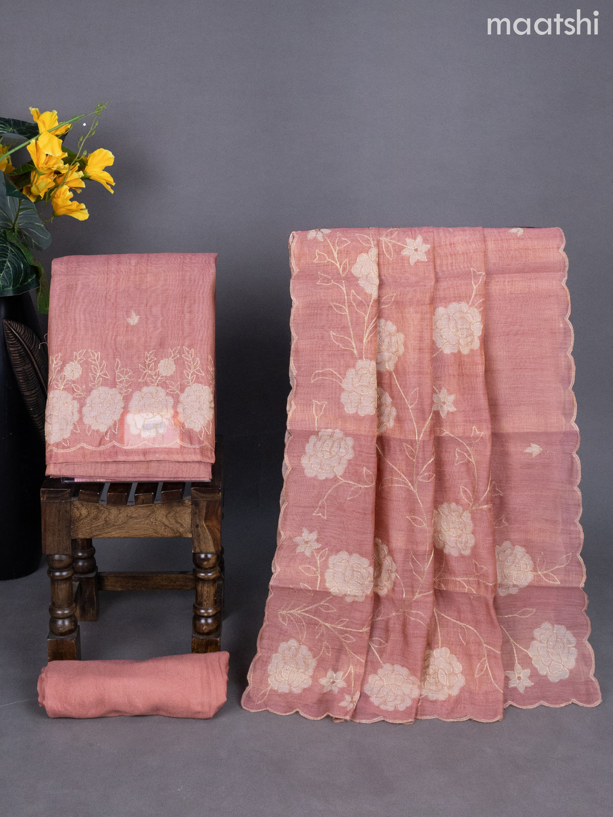 Dark Peach Tissue Linen Dress Material With Floral Pita Work