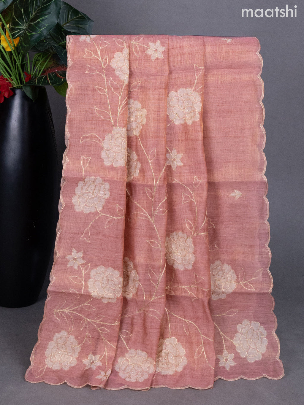 Dark Peach Tissue Linen Dress Material With Floral Pita Work